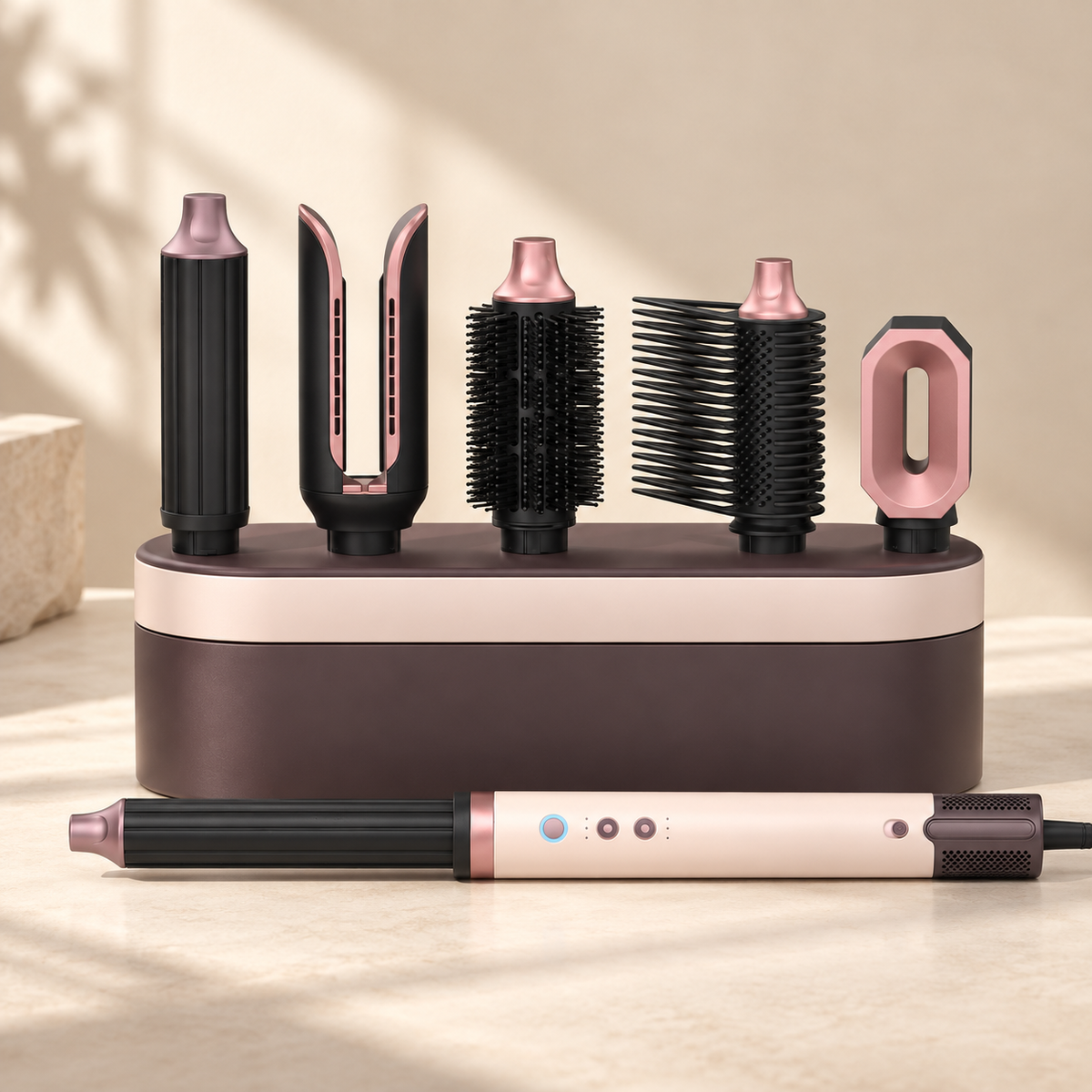 Rosieri 7-in-1 air styler with one powered handle and six styling attachments displayed beside the storage case.