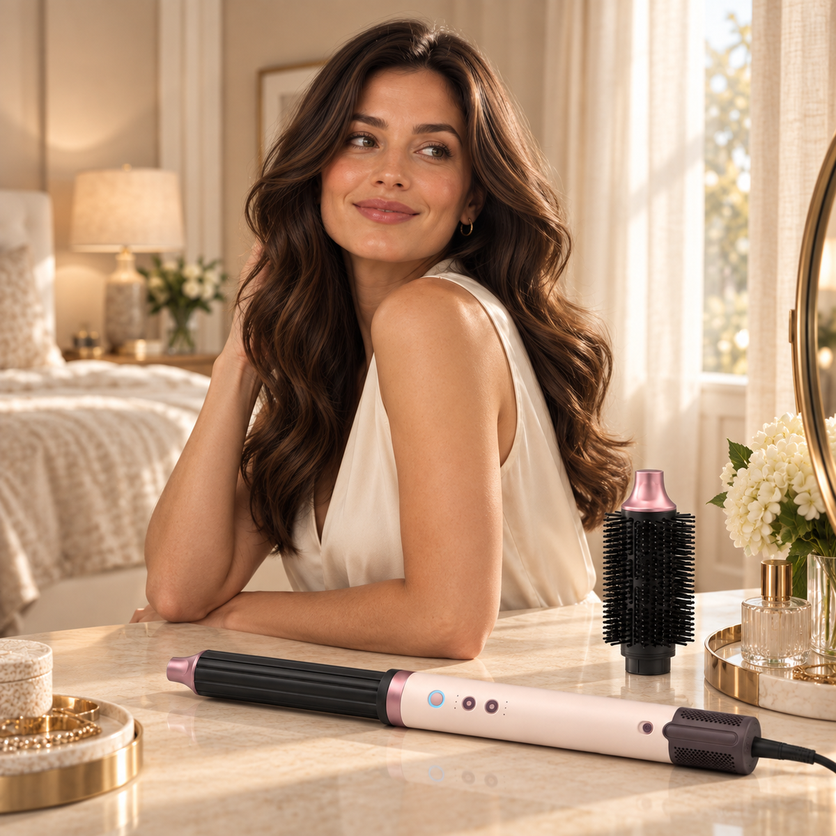 Editorial illustration of a woman with softly styled hair beside the Rosieri air styler and round brush