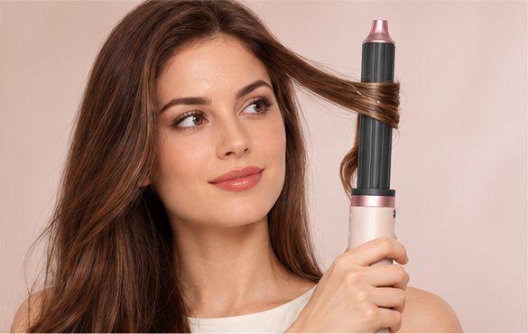 Styling illustration: a section of hair wrapping around the curling barrel